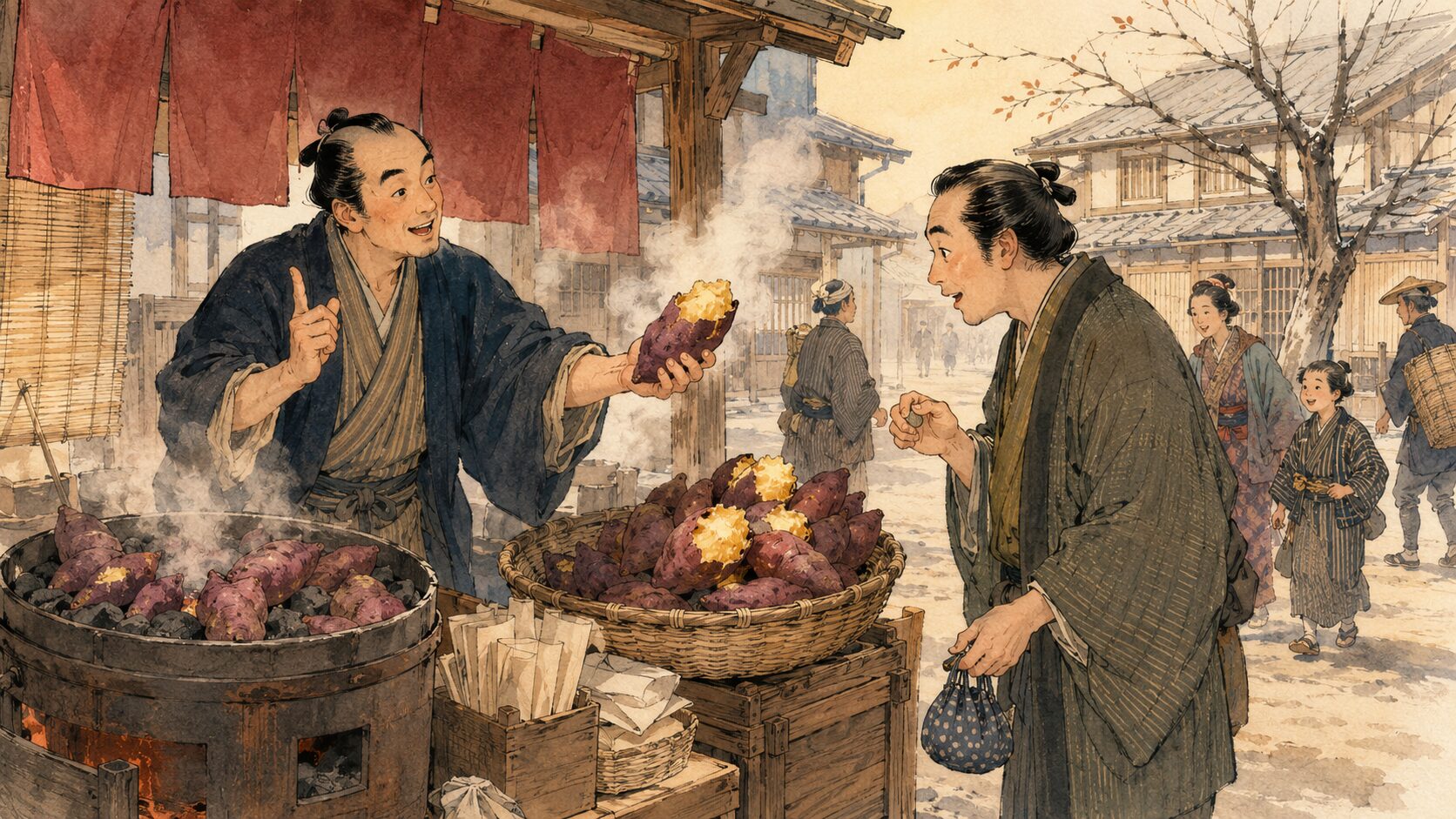落語『五里五里芋』で町角の焼き芋屋から客が芋を買う場面