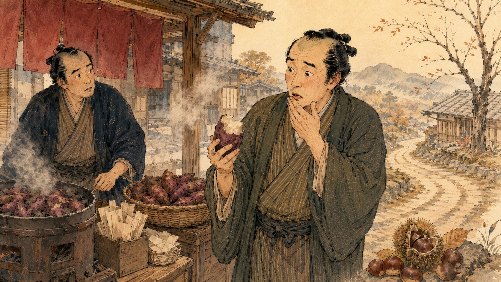 落語『五里五里芋』で客が生焼けの焼き芋をかじって驚く場面
