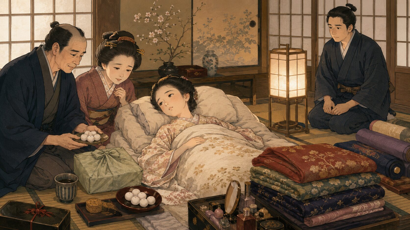 落語『紺田屋』で病のお花が団子を望み両親が見守る場面