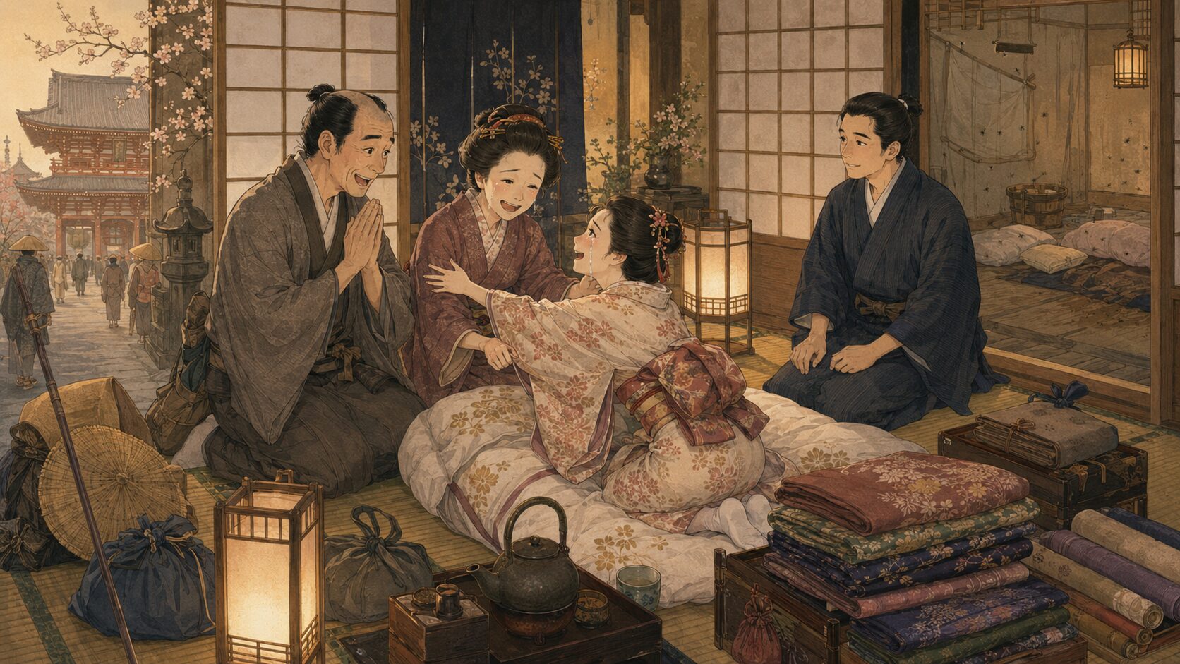 落語『紺田屋』で浅草観音参りのあと親子が再会し木賃宿の話で笑いに戻る場面