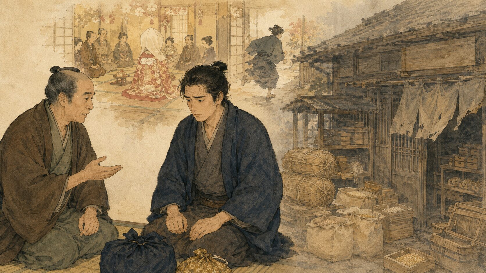 【記事中画像3枚】 2. 記事中画像1 想定挿入位置 「起承転結の流れ」の直後 画像生成プロンプト width 1672px、height 941px、横長16:9構図。 落語『雑穀八』のあらすじ前半を表す、十年ぶりに故郷へ戻った鶴吉が、昔の仲人である枡屋新兵衛から、雑穀八とお絹がたどった不幸を聞かされる場面を描いた和風イラスト。画面中央に、旅から戻った鶴吉を描く。鶴吉は質素だがきちんとした着物姿で、手元に旅包みや金包みを置き、二百両をためて帰ってきた誠実さを感じさせる。ただし表情は明るい帰郷ではなく、自分の逃亡が招いた結果を聞いて言葉を失っている様子にする。 画面左側には、枡屋新兵衛を配置する。新兵衛は落ち着いた年配の町人で、鶴吉に過去を静かに語り聞かせている。責めるだけではなく、事実を突きつける厳しさと、どこか情のある表情にする。画面右側には、かつて栄えていた雑穀商の店と、現在の寂れた店構えを重ねるように淡く描く。米俵や雑穀袋、升、店棚、古びた暖簾風の布、閉じかけた格子戸を描き、没落した商家の空気を出す。ただし布や袋、看板には読める文字を入れない。 背景には、十年前の婚礼の日の影を遠くに小さく入れる。祝いの座敷、花嫁姿のお絹の後ろ姿、逃げる若い鶴吉の影を淡く描き、現在の後悔につながるようにする。婚礼破談を過激に描かず、あくまで記憶や回想として上品に表現する。全体は、逃げた男が自分の過去と向き合い、罪滅ぼしとして店を立て直す決心へ向かう場面にする。 構図は、中央に鶴吉、左に新兵衛、右に没落した雑穀八の店、奥に婚礼の日の記憶を配置し、前半の人情噺としての重さを伝える。アイキャッチの総合構図とは違い、ここでは「十年後の帰郷と後悔」に焦点を当てる。色味は生成り、薄茶、墨、紺、えんじ、淡い金、深緑、雑穀の黄土色を基調にし、静かでしみじみした町家の空気を出す。過度にリアルな写真風にせず、和紙の質感と墨のやさしい線を活かした上品な和風イラスト調にする。人物は一般的な落語世界の鶴吉、新兵衛、商家の人々として描き、実在の人物に似せない。画像内に文字、ロゴ、企業名、署名は入れない。 altタグ 落語『雑穀八』で十年後に戻った鶴吉が雑穀八の没落を聞く場面 3. 記事中画像2 想定挿入位置 「サゲ（オチ）の意味」の後 画像生成プロンプト width 1672px、height 941px、横長16:9構図。 落語『雑穀八』のサゲと見どころを表す、前夫の命日をめぐって鶴吉とお絹が夫婦喧嘩になり、生臭物と精進料理の二度のごちそうが並んで店の者たちが食べすぎる場面を描いた和風イラスト。画面中央に、雑穀八の店の奥座敷を描く。座敷の中央には、二種類の料理が対照的に並ぶ。片側には鯛や魚料理、肉を思わせる生臭物の膳を上品に描き、もう片側には煮物、豆腐、野菜、香の物などの精進料理の膳を描く。料理はおいしそうに見せるが、過度に派手な宴会にはしない。 画面左側には、鶴吉を描く。鶴吉はややむっとした表情で、前夫の命日に魚を断るお絹への嫉妬と意地がにじむようにする。画面右側には、お絹を描く。お絹は亡くなった前夫への義理を守ろうとして、きちんとした表情で精進料理の膳を用意している。二人の間には、魚屋を配置する。魚屋は見事な鯛を抱え、夫婦の言い合いに巻き込まれながら、場を軽くするような困り顔にする。 画面手前には、店の者たちを描く。最初は二種類のごちそうを喜んでいたが、食べすぎて腹をさすったり、苦しそうに座り込んだりしている。画面奥または店先には、腹をすかせた物乞いを小さく控えめに描き、満腹で苦しい者が空腹をうらやむサゲの逆転が伝わるようにする。ただし物乞いを惨めに強調せず、落語らしい滑稽な対比として品よく描く。 背景には、雑穀商の店内、米俵、雑穀袋、升、そろばん、格子戸、行灯、膳、盆を描く。前夫の仏事を示すため、奥に小さな仏壇風の棚や花を控えめに入れてもよいが、位牌や札などに読める文字は入れない。看板、暖簾、帳面、料理札、袋、書物などにも読める文字を入れない。文字や吹き出しは使わず、人物の表情、二種類の膳、満腹の店の者、店先の空腹の人物でサゲを視覚化する。 構図は、中央に二度のごちそう、左に鶴吉、右にお絹、手前に満腹の店の者、奥に物乞いを置き、夫婦喧嘩から食べすぎの滑稽へ転がる流れを見せる。記事中画像1のしみじみした帰郷場面とは違い、ここでは後半のにぎやかな夫婦喧嘩と食べ物の笑いを中心にする。色味は生成り、薄茶、墨、紺、えんじ、淡い金、深緑、料理の落ち着いた赤や黄土色を基調にし、明るいが上品な和風イラスト調にする。過度にリアルな写真風にせず、人物は一般的な商家の夫婦、魚屋、店の者として描き、実在の人物に似せない。画像内に文字、ロゴ、企業名、署名は入れない。 altタグ 落語『雑穀八』で鶴吉とお絹が前夫の命日をめぐって二度のごちそうを出す場面 4. 記事中画像3 想定挿入位置 「まとめ」の後 画像生成プロンプト width 1672px、height 941px、横長16:9構図。 落語『雑穀八』の余韻と聴きどころを表す、寄席の高座で、鶴吉の後悔、お絹の義理、夫婦喧嘩、二度のごちそうの滑稽なサゲまでを語る人情味のある落語が演じられている場面を描いた落ち着いた和風イラスト。画面中央に、寄席の高座に座る一般的な落語家風の人物を描く。演者は扇子を手に、前半のしみじみした人情噺から、後半の夫婦喧嘩と食べすぎの笑いへ切り替えるような、温かく含みのある表情にする。顔立ちは特定の実在落語家に似せず、落語世界の一般的な演者として描く。 背景には、噺の余韻として、婚礼の日の座敷、逃げる若い鶴吉、十年後に戻る鶴吉、寂れた雑穀八、再興した店、鶴吉とお絹の夫婦喧嘩、鯛を持つ魚屋、生臭物と精進料理の膳、満腹で苦しむ店の者たちを、絵巻物のように淡く重ねる。ただし場面を詰め込みすぎず、主役は高座の語り手にする。重い人情噺と食べ物の滑稽が一つながりに見えるよう、背景の場面は柔らかい霞でつなげる。 画面手前には、寄席の客席を背中や横顔で控えめに描く。客は前半ではしみじみ聴き入り、後半では夫婦喧嘩や満腹のサゲにくすりと笑っているような雰囲気にする。構図は、寄席の内側から高座を見る構図にし、アイキャッチの総合象徴、記事中画像1の帰郷と後悔、記事中画像2の二度のごちそう場面とははっきり違う印象にする。読後に「人情噺と滑稽噺の両方を味わえる演目として聴いてみたい」と思える、落ち着いた余韻を大切にする。 色味は生成り、墨、紺、えんじ、薄茶、淡い金、深緑、雑穀の黄土色を基調にし、和紙の質感を活かした上品な和風イラストにする。過度にリアルな写真風にせず、明るく親しみやすい寄席の空気を出す。婚礼破談や没落は暗くしすぎず、落語らしい人間臭さと温かさを中心に描く。画像内に文字、ロゴ、企業名、看板文字、書物の読める文字、袋の文字、札の文字、署名は入れない。人物は江戸・明治・昭和の寄席にいそうな一般的な演者と客、落語世界の商人や町人として描き、実在の落語家、有名人、俳優に似せない。 altタグ 落語『雑穀八』を寄席の高座で語る人情噺と夫婦喧嘩の余韻