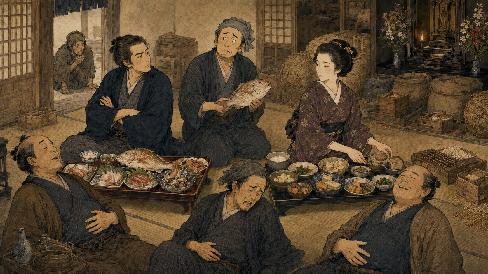落語『雑穀八』で鶴吉とお絹が前夫の命日をめぐって二度のごちそうを出す場面