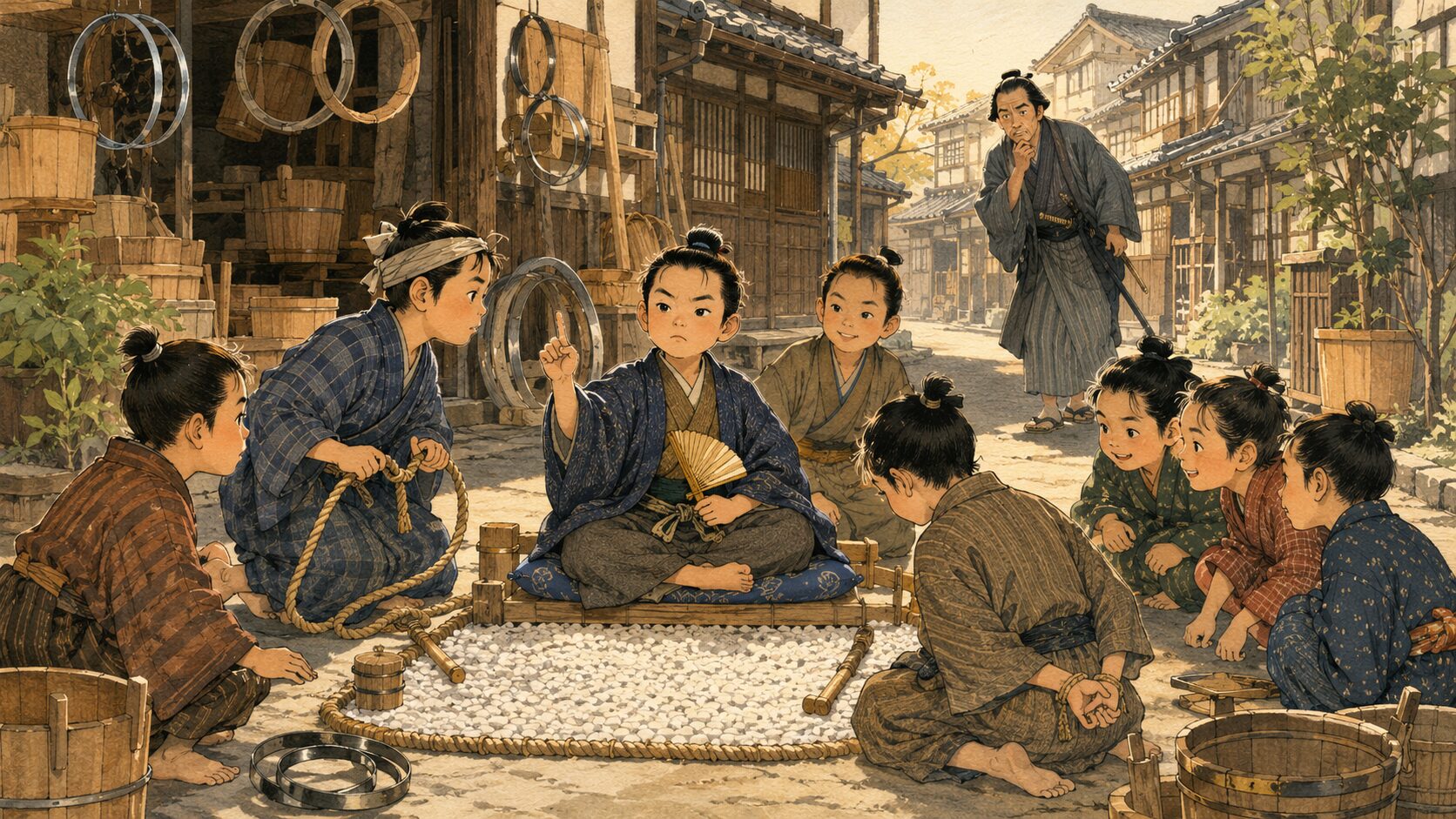 落語『佐々木裁き』で四郎吉が子どもたちのお白州ごっこの奉行役をする場面