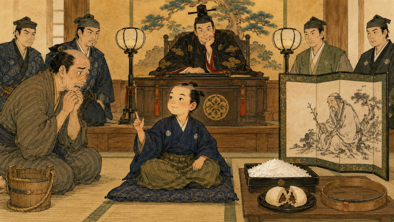 落語『佐々木裁き』で四郎吉が奉行所の難問に頓智で答える場面