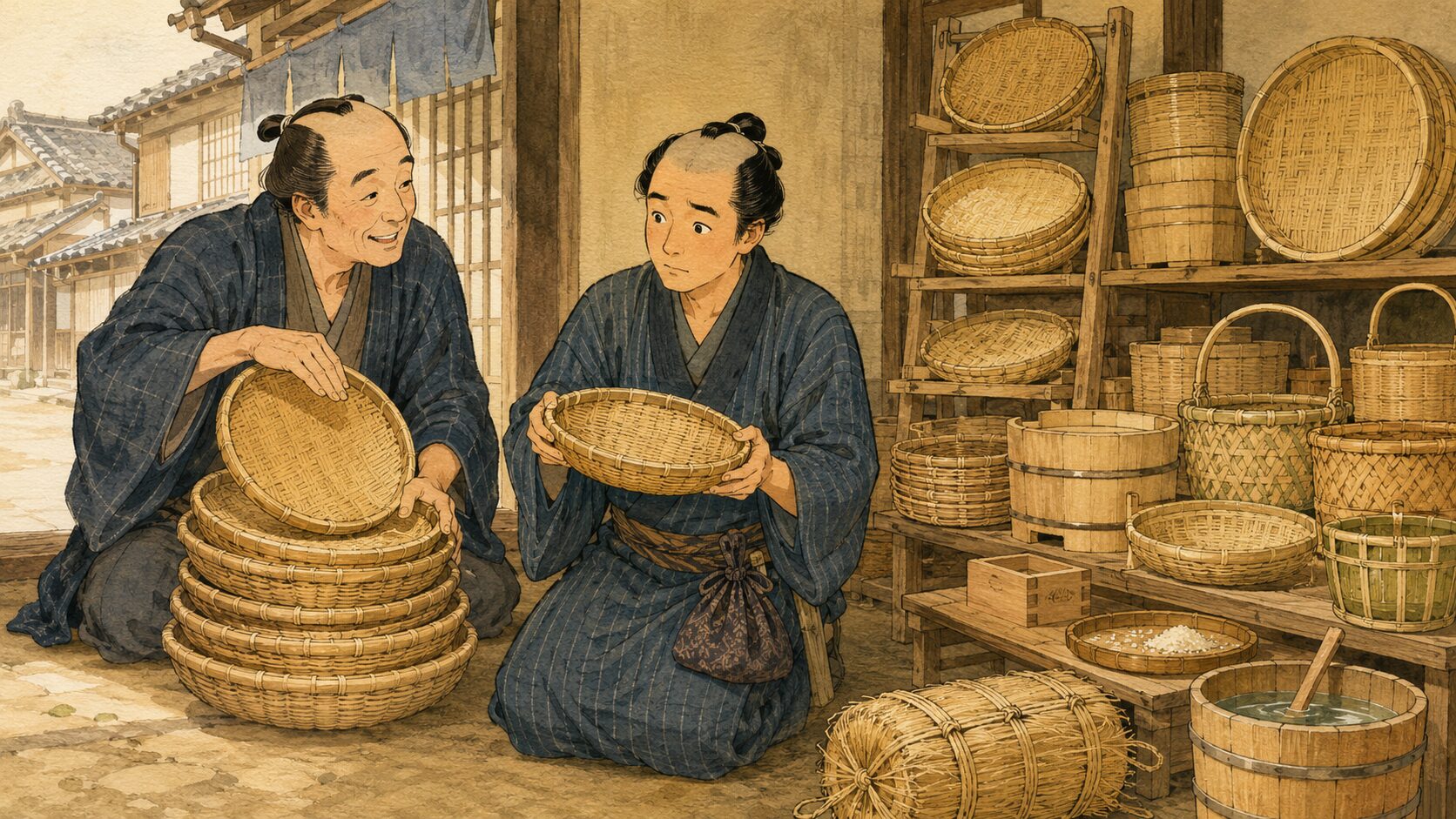落語『ざる屋』で笊屋の主人が売り子に米揚げ笊の売り方を教える場面