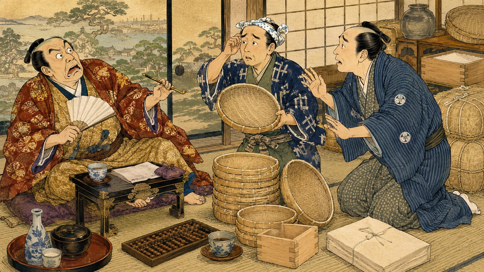 落語『ざる屋』で米相場の旦那が笊売りの言葉に怒り出す場面
