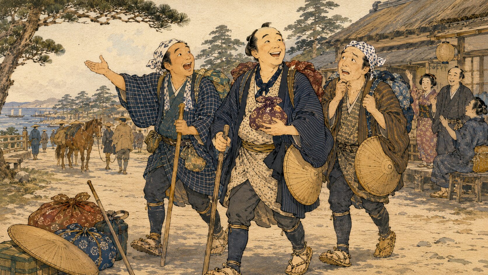 落語『三人旅』で江戸っ子三人組が東海道の旅へ出発する場面