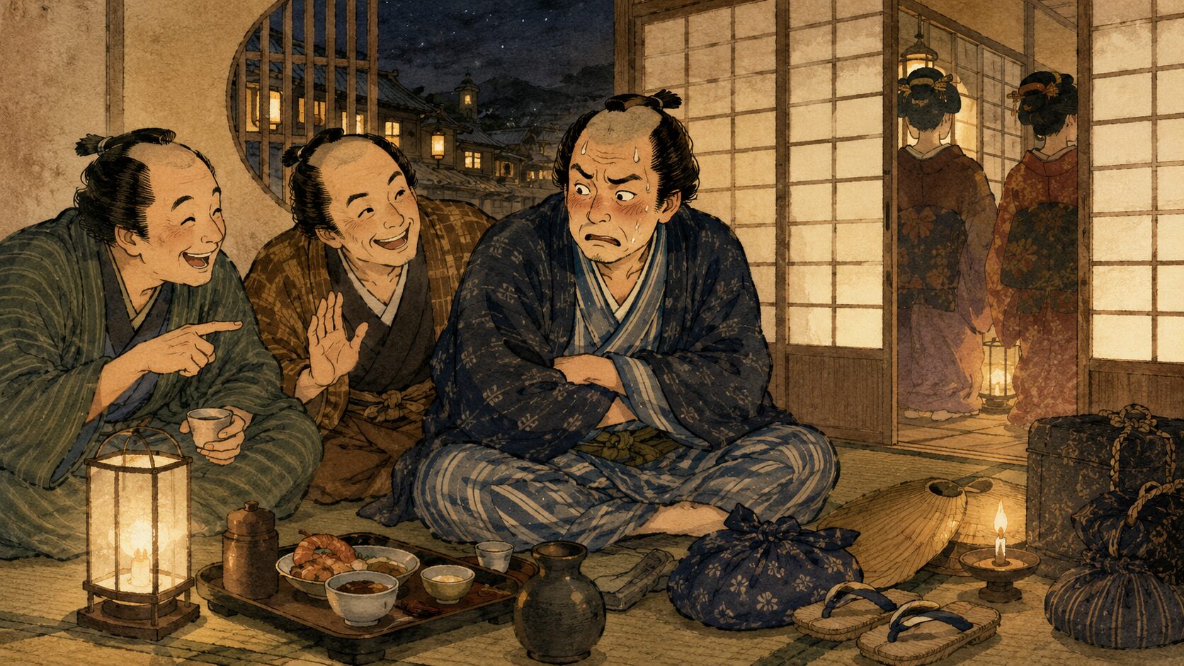 落語『三人旅』で小田原宿の旅籠で仲間に丸め込まれる旅人の場面