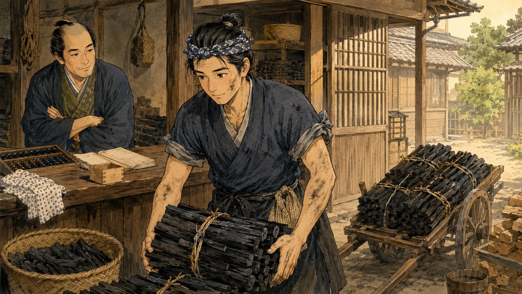 落語『塩原多助一代記』で多助が江戸の炭屋で誠実に働く場面
