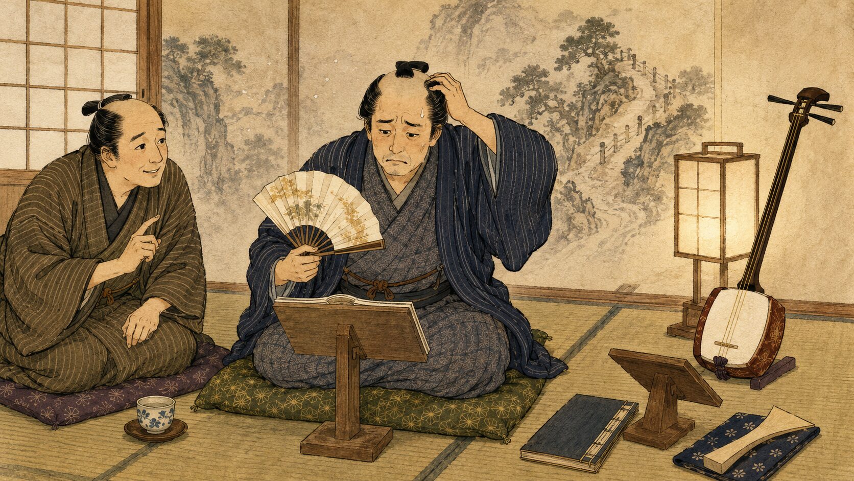 落語『四四十六』で浄瑠璃好きの男がおさらい会前に稽古する場面