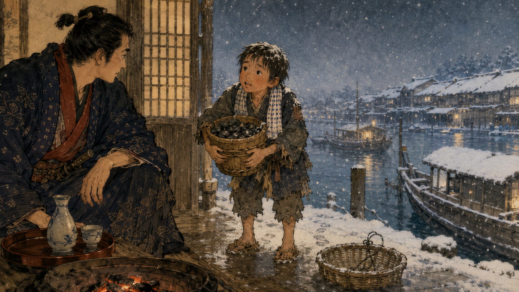 落語『しじみ売り』で雪の日の汐留で少年が次郎吉に身の上を語る場面