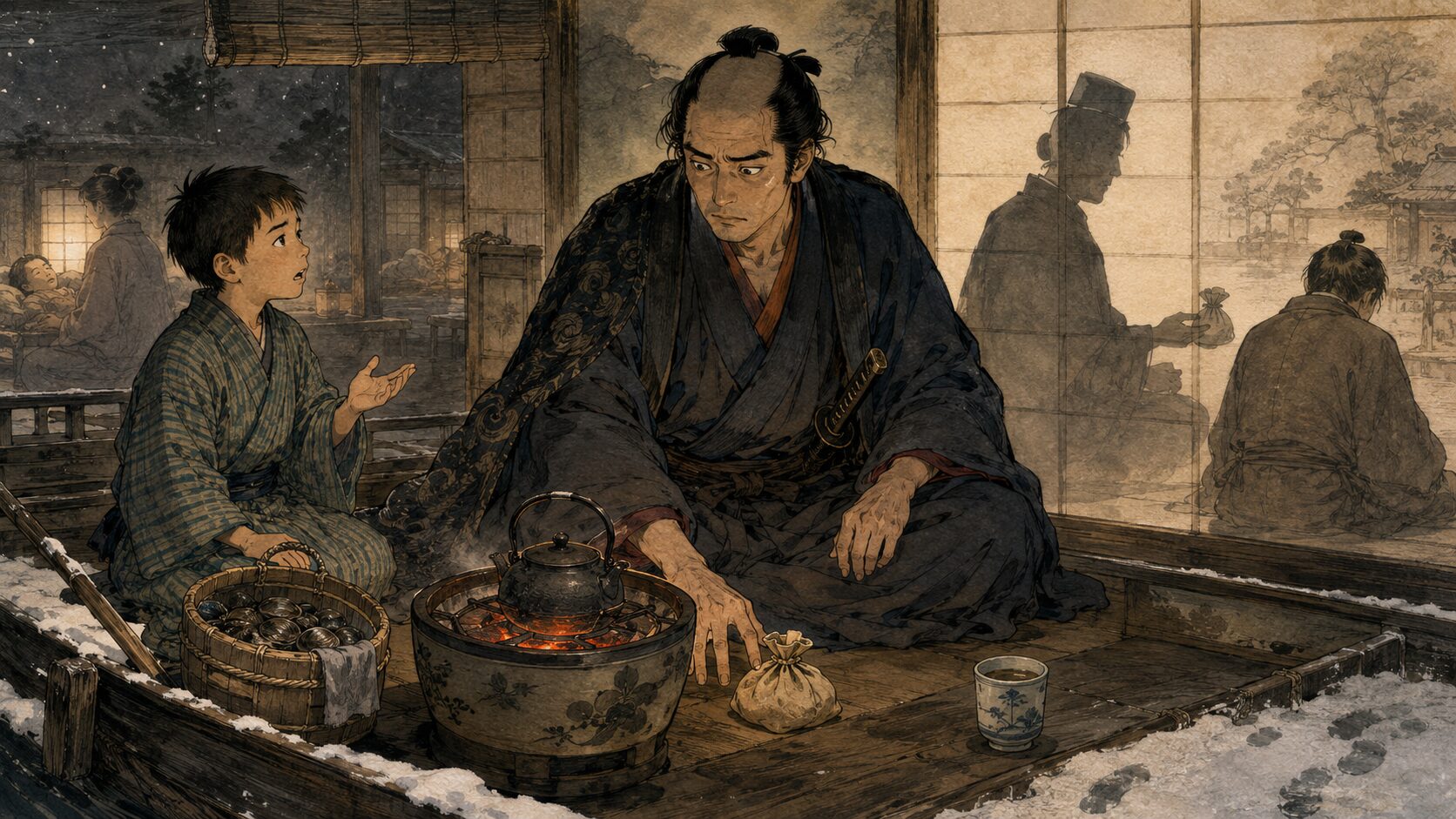 落語『しじみ売り』で次郎吉が過去の金が若旦那を苦しめたと知る場面