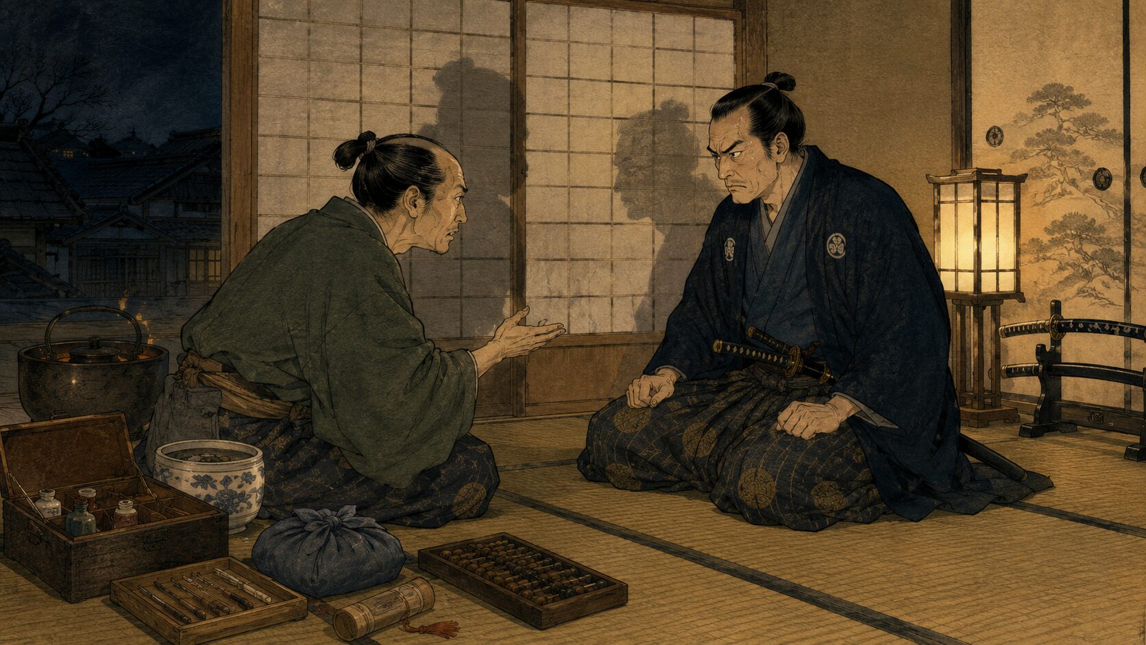 落語『真景累ヶ淵』で深見新左衛門と皆川宗悦が対峙する因果の発端の場面