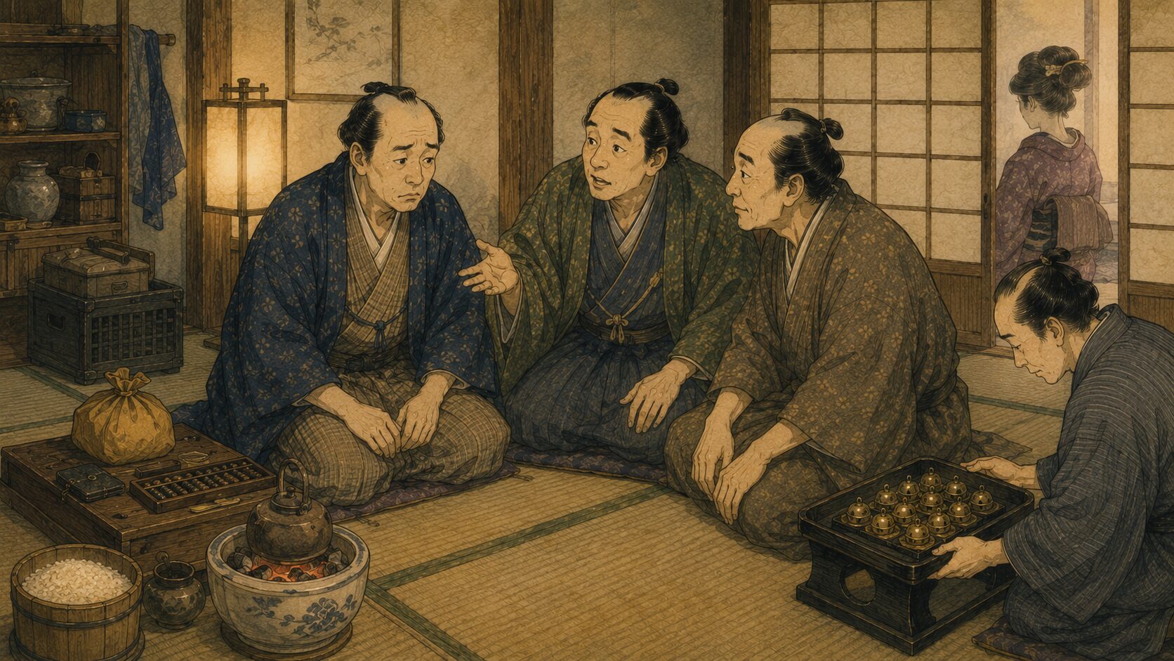 落語『捨米』で持参金をめぐる縁談騒動を長屋で相談する場面