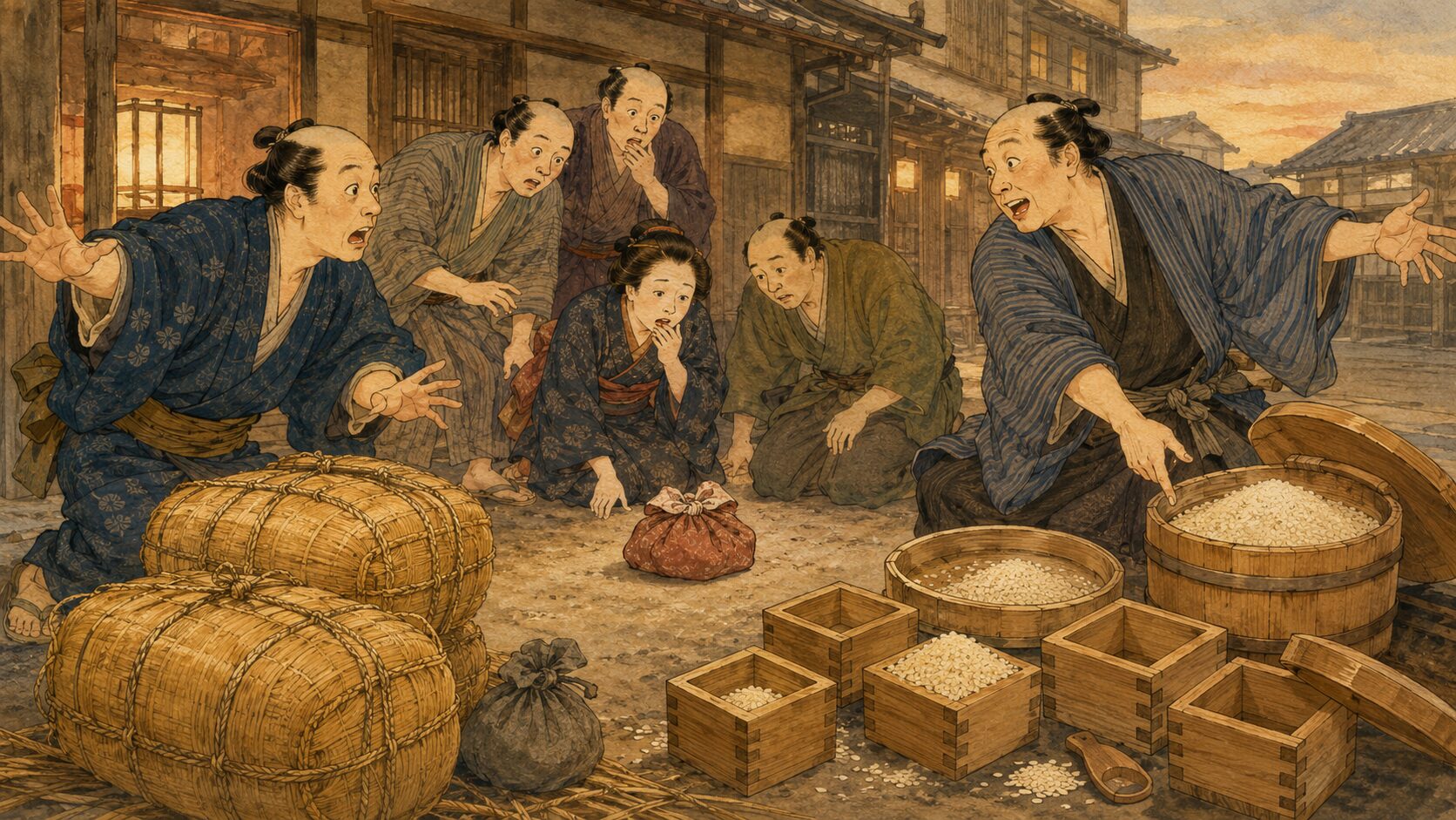 落語『捨米』で子と米を聞き違える地口のサゲを表した場面