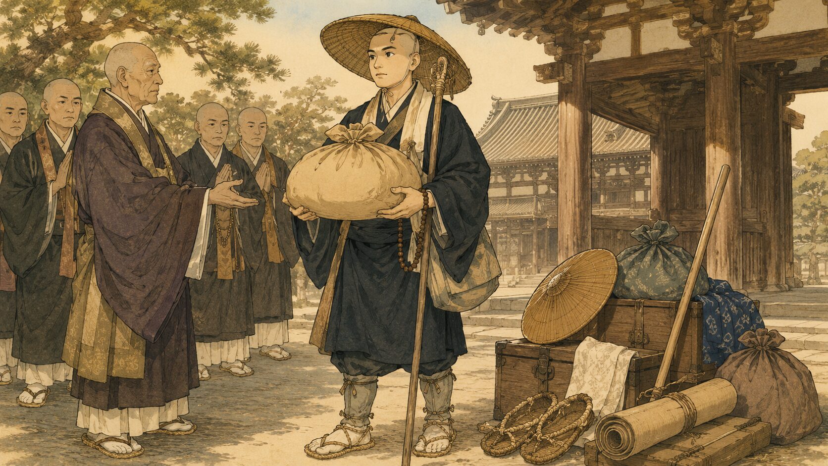 落語『善達箱根山』で増上寺の若い僧善達が大金を預かり旅立つ場面