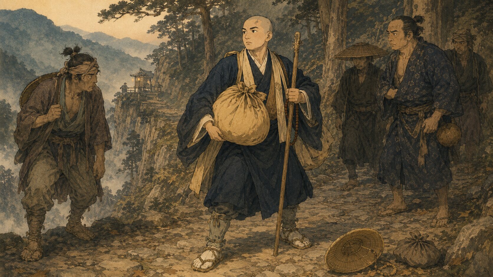 落語『善達箱根山』で善達が箱根山の不穏な道中に巻き込まれる場面