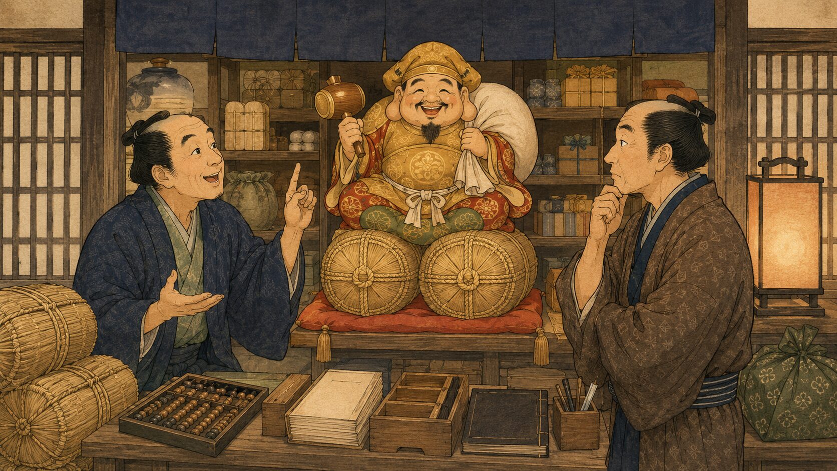 落語『大黒の読切』で大黒さまの縁起と商売繁盛の話が始まる店先の場面