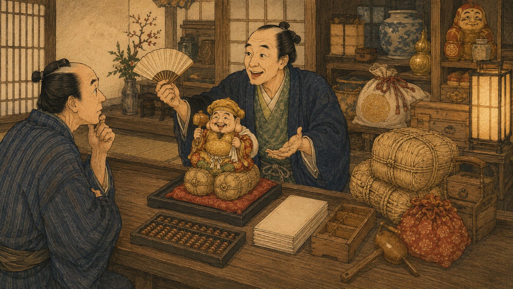 落語『大黒の読切』で大黒天の縁起が商売の口上へずれていく場面