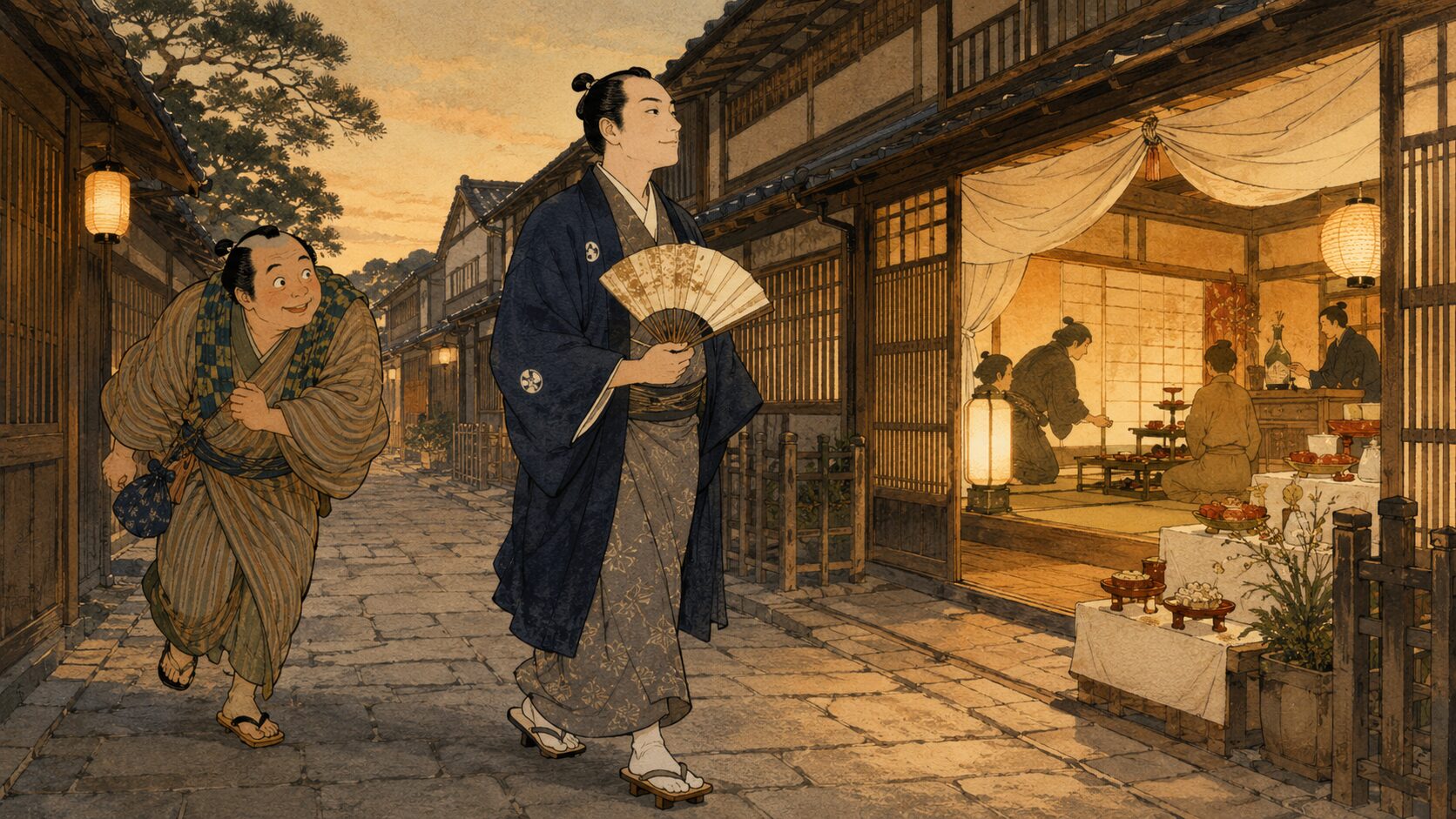 落語『大盞』で酒を飲みたい男が旦那の後について祝いの席へ向かう場面