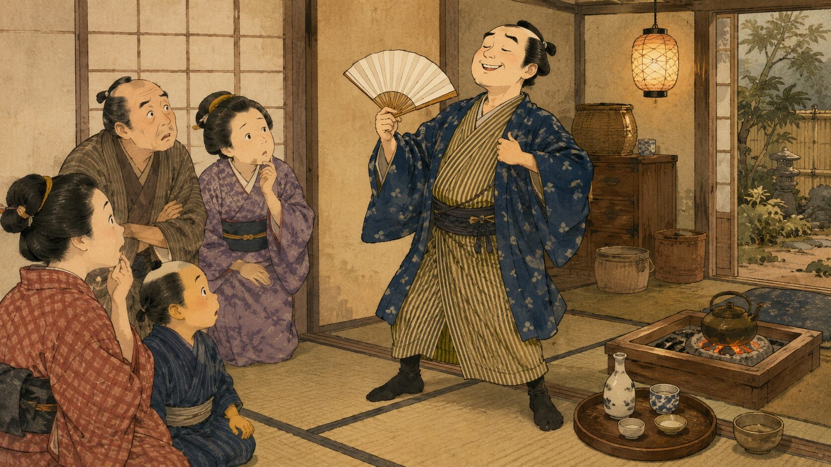 落語『大盞』で男が旦那の祝い言葉を別の家で真似して失敗する場面