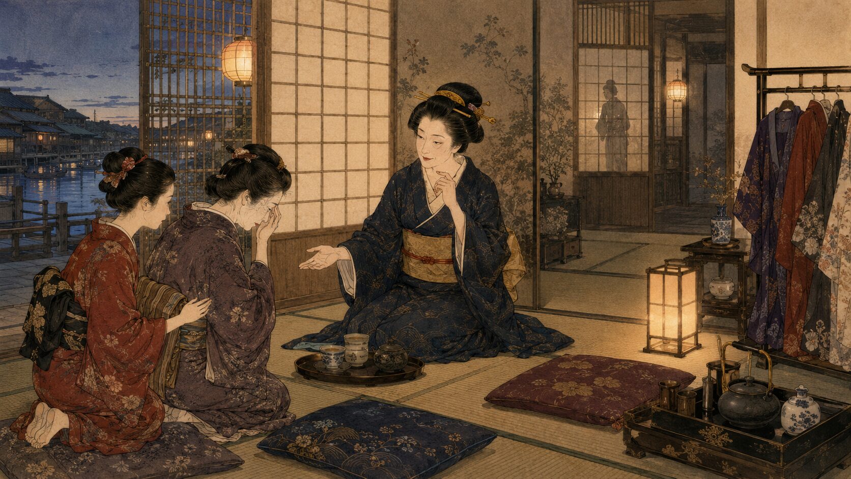 落語『妲己のお百』で困窮した母娘がお百を頼って深川美濃屋を訪ねる場面