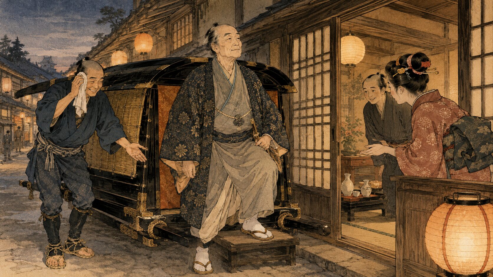 落語『莨の火』で上品な老人が駕籠屋に案内されて茶屋へ入る場面