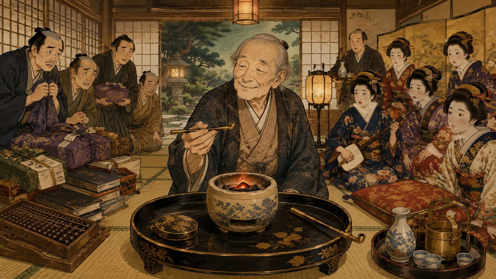 落語『莨の火』で大金を覚悟した茶屋が老人にたばこの火だけを貸す場面