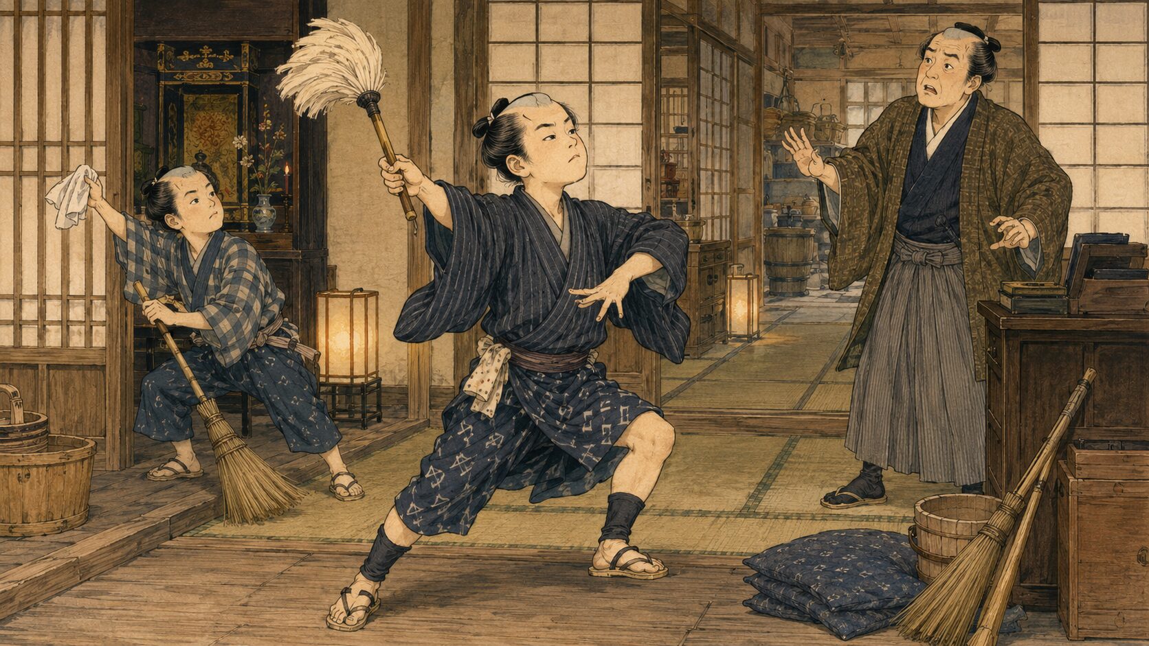 落語『蛸芝居』で丁稚たちが商家の掃除や仕事を芝居の真似にしてしまう場面