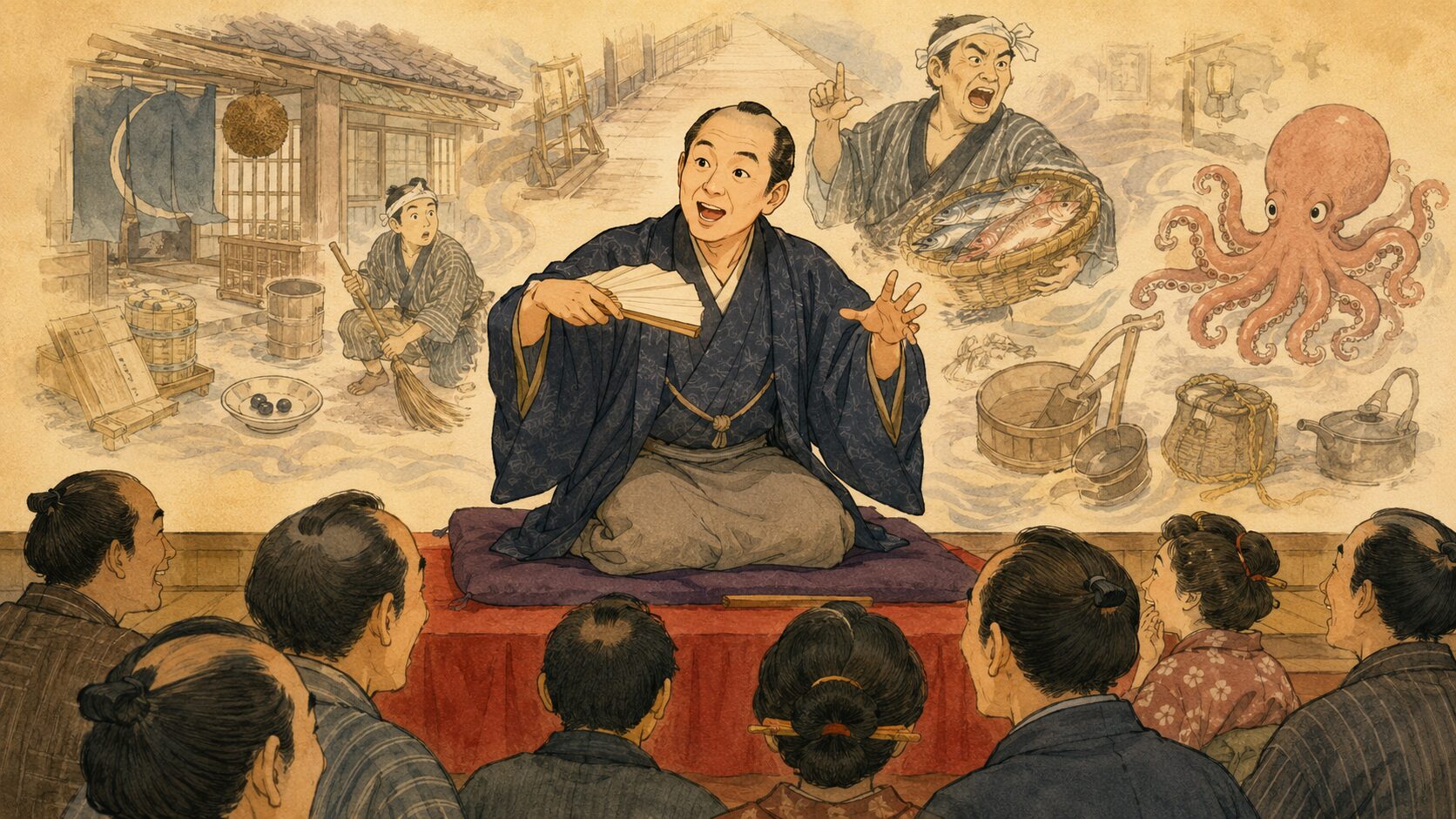 落語『蛸芝居』を寄席の高座で語る芝居好きの商家と蛸の奇想天外な余韻
