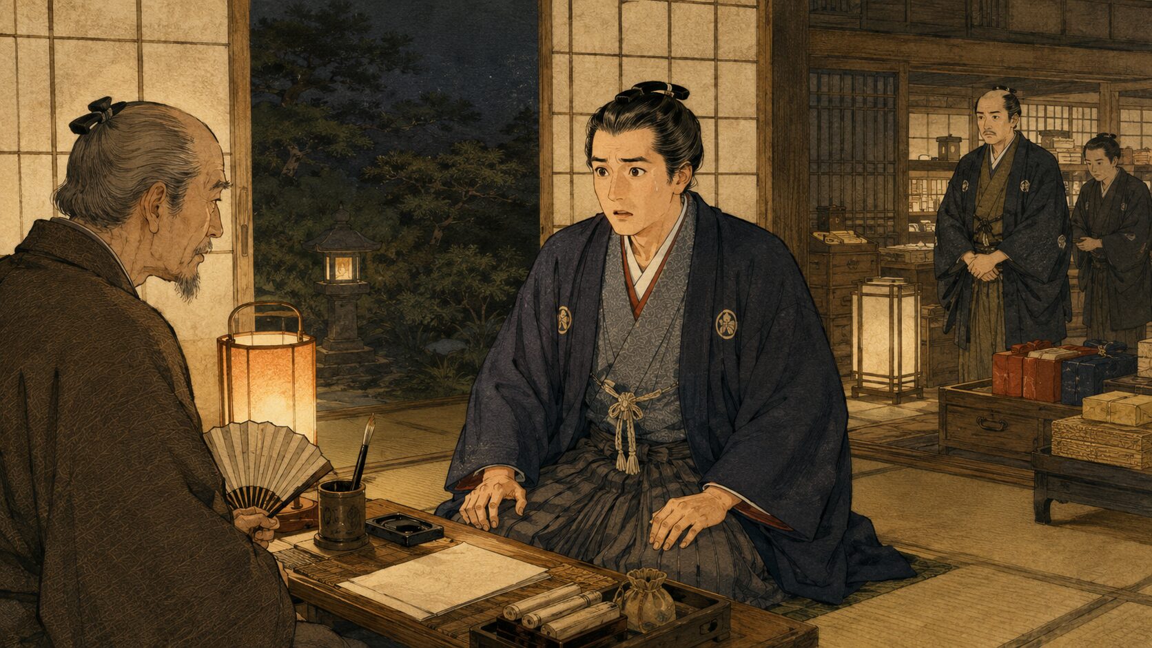 落語『ちきり伊勢屋』で若旦那伝次郎が易者白井左近に死相を告げられる場面