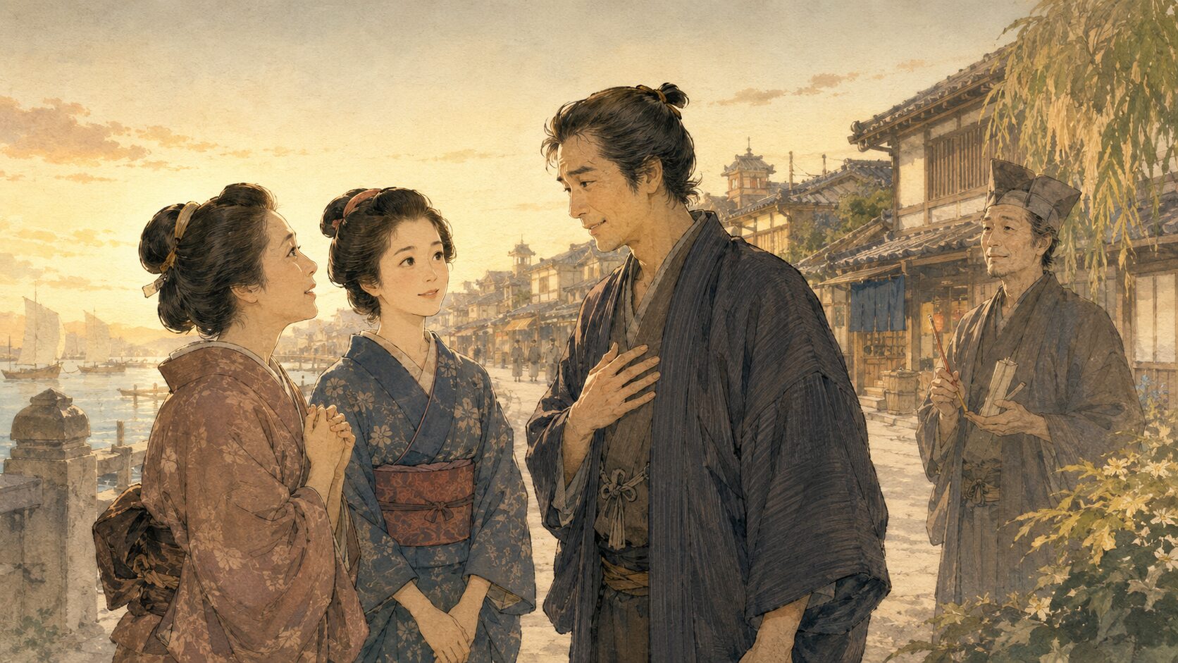 落語『ちきり伊勢屋』で善行によって伝次郎が救った母娘と再会し人生を立て直す場面
