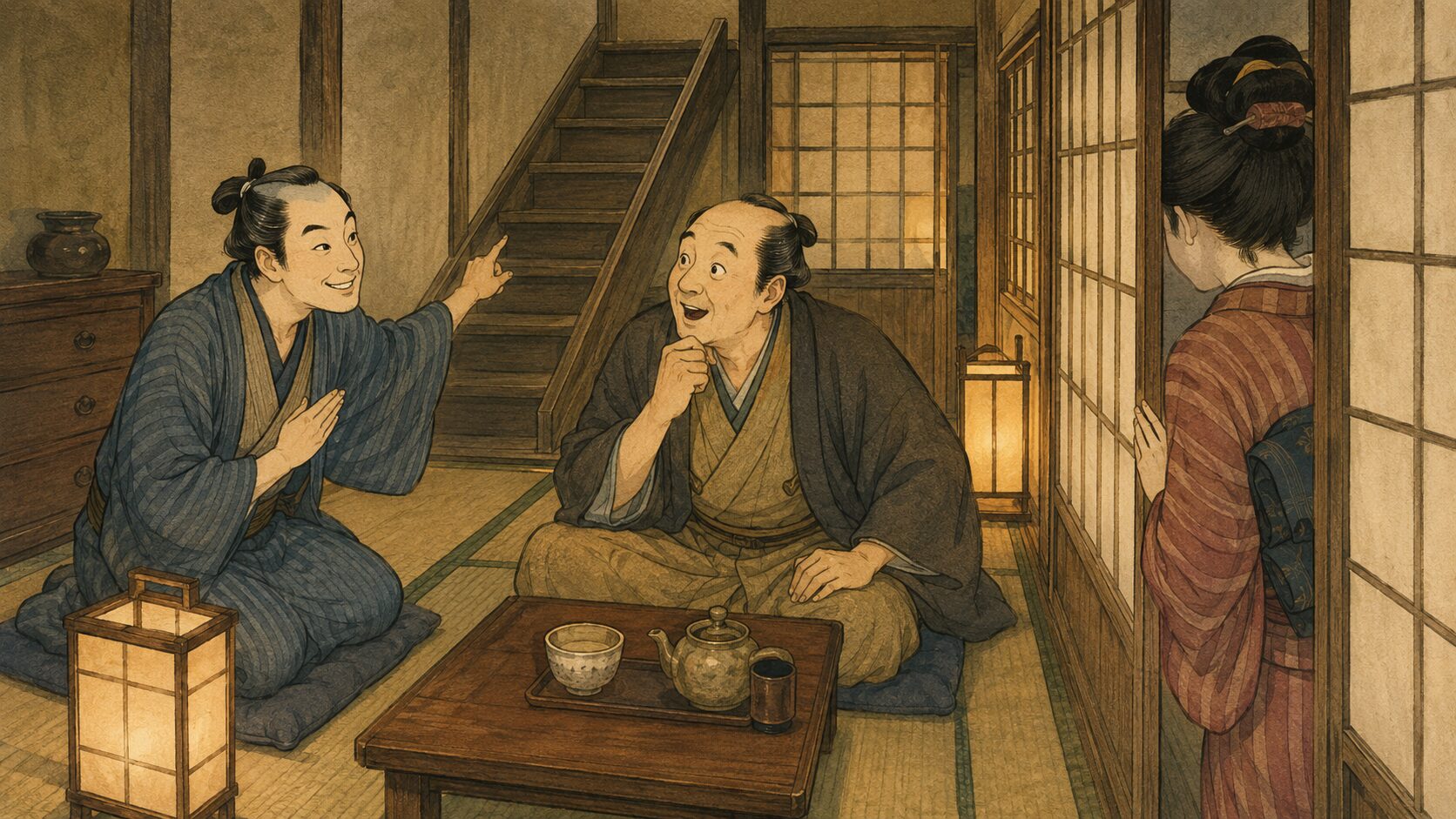 落語『茶漬間男』で間男が亭主に二階を借りたいと頼む前半場面