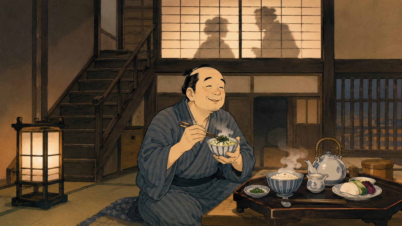 落語『茶漬間男』で二階の気配に気づかない亭主と茶漬けのサゲを描いた場面