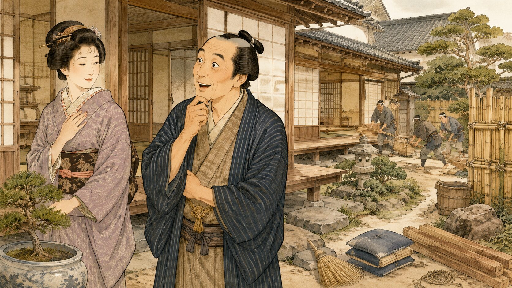 落語『町内の若い衆』で熊五郎が兄貴分の内儀の奥ゆかしい謙遜に感心する場面