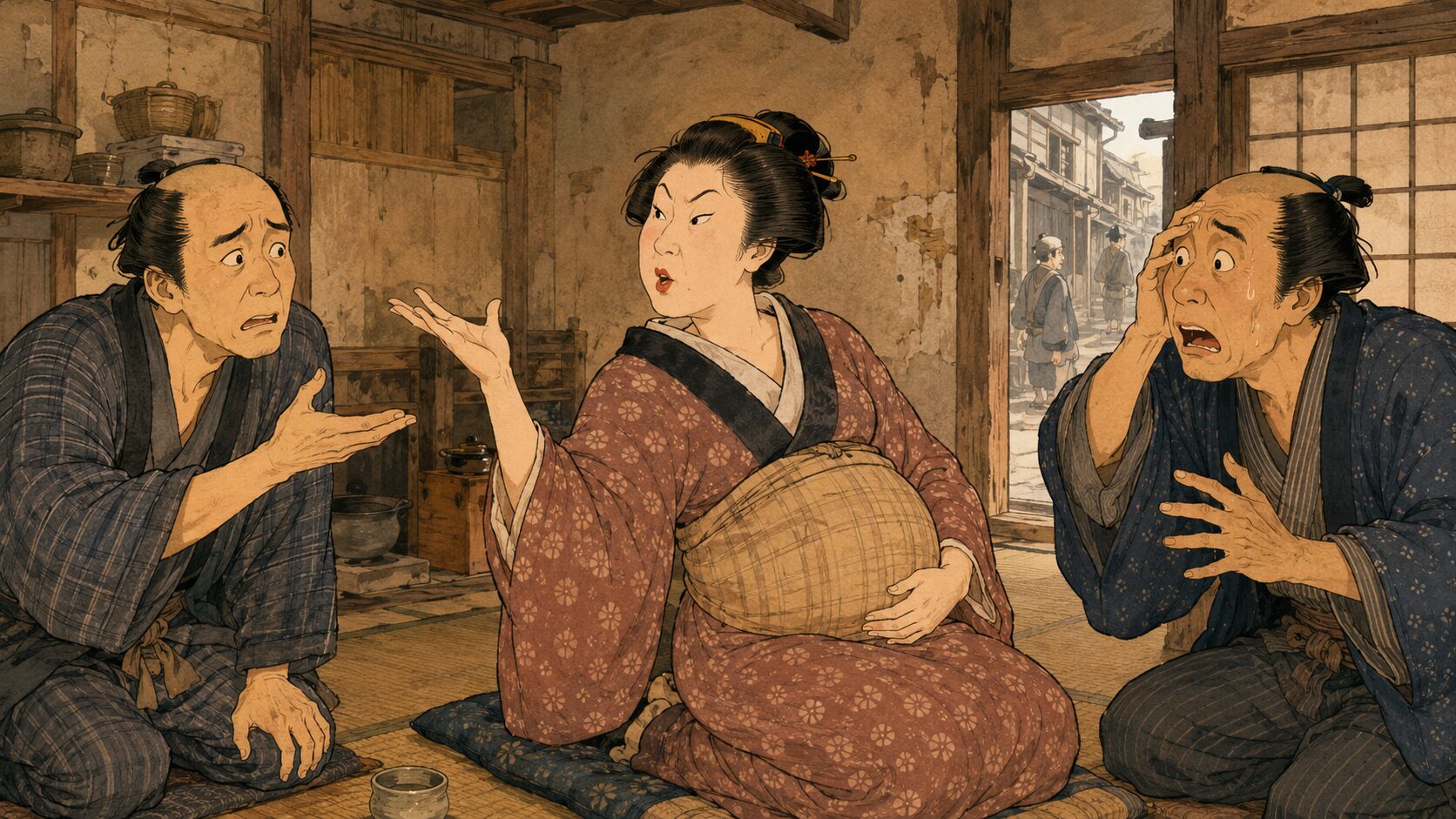 落語『町内の若い衆』で身重の女房が謙遜の型を場違いに返して熊五郎が慌てる場面