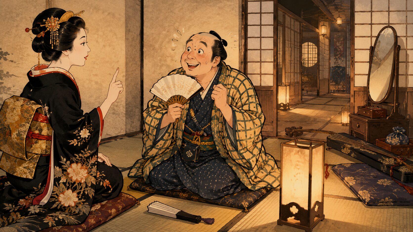 落語『つるつる』で幇間一八が芸者お梅から夜の約束をもらう前半場面