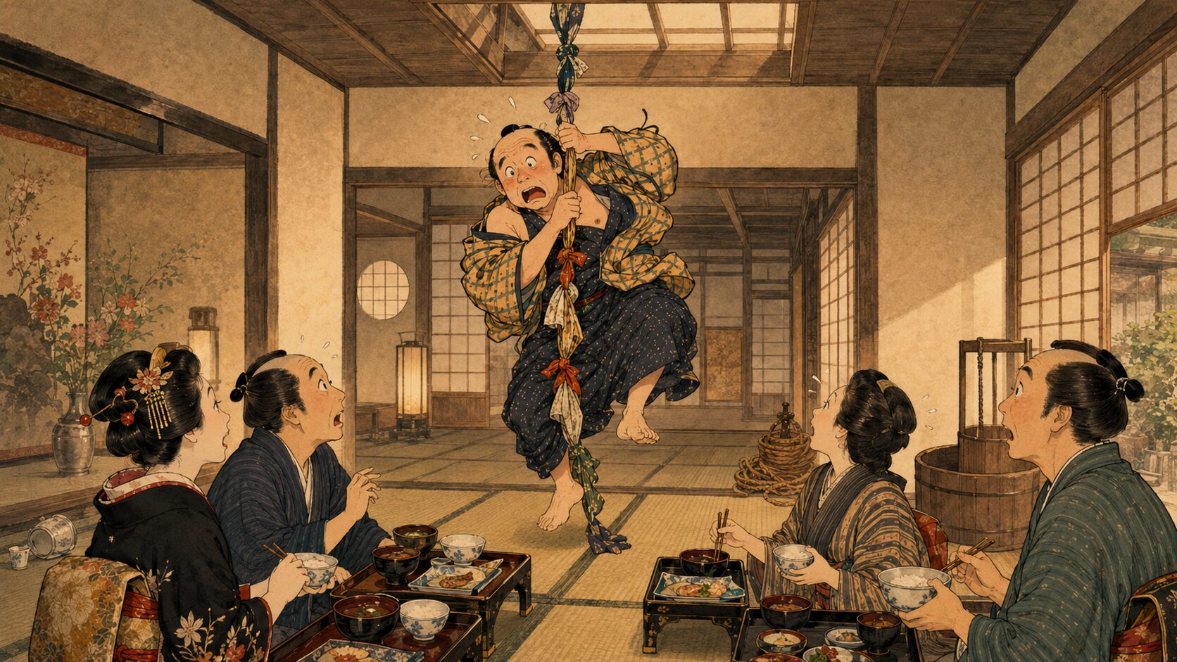 落語『つるつる』で一八が明かり取りから朝食の場へつるつる下りてしまうサゲの場面