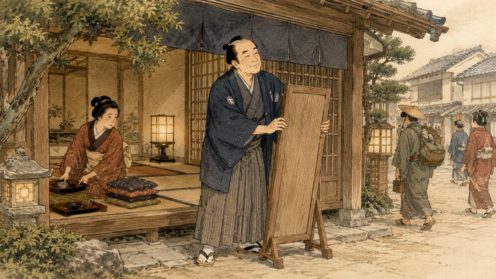 落語『てないど』で風流な旦那が居候を受け入れる看板を出す前半場面