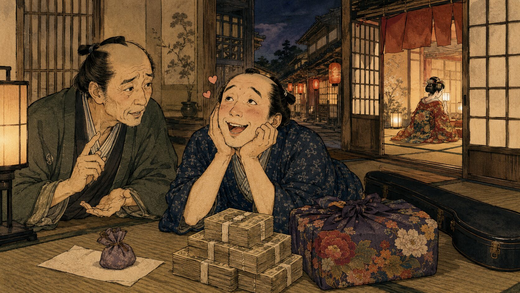 落語『出歯吉』で遊女小照に入れあげた出歯吉が吾助に相談する前半場面