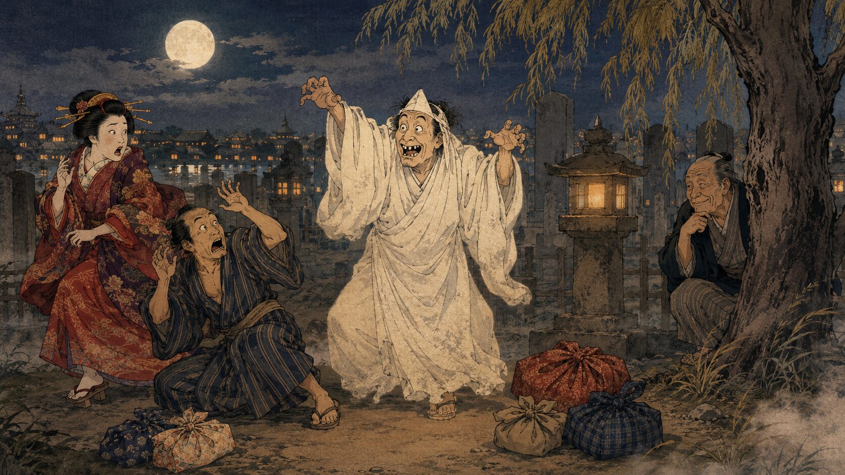 落語『出歯吉』で幽霊に化けた出歯吉が小照と若い衆に仕返しする場面