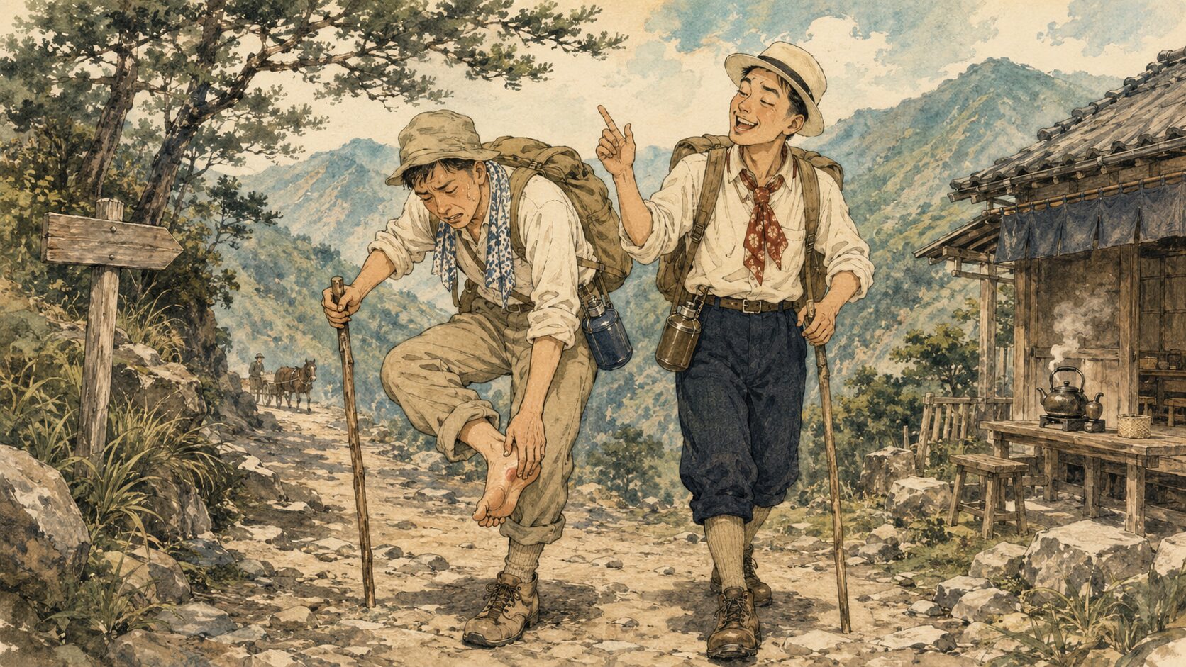 落語『峠の茶屋』でハイキング中の若者二人が山道で疲れて茶屋を目指す場面