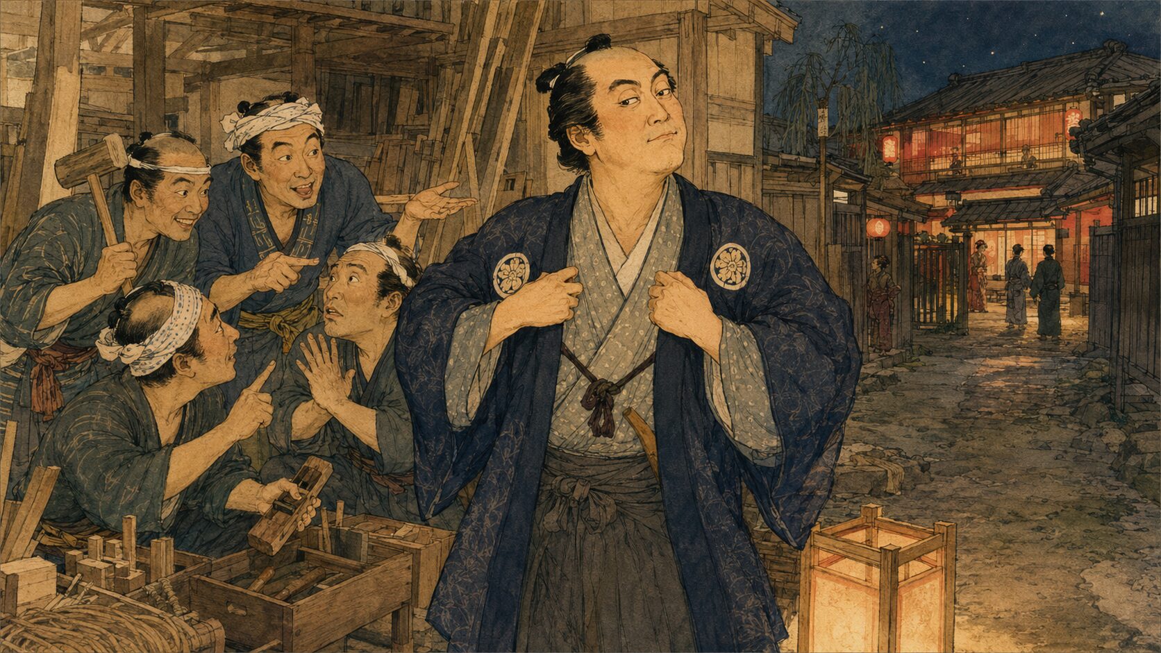 落語『棟梁の遊び』で金のない大工仲間が棟梁一行を装う相談をする前半場面