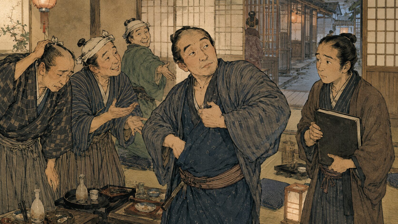 落語『棟梁の遊び』で棟梁役の大工たちが勘定をめぐって付き馬をかわす場面