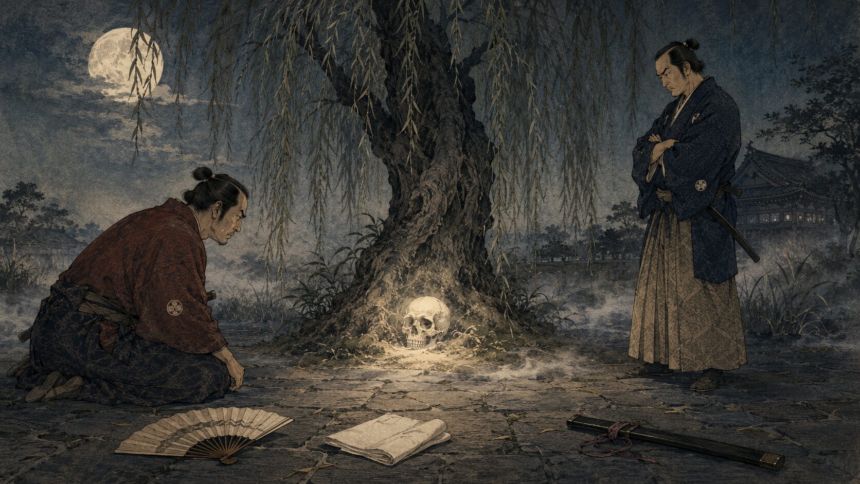 落語『髑髏の仇討』で武士二人が柳の髑髏が笑うか確かめるサゲ前の場面
