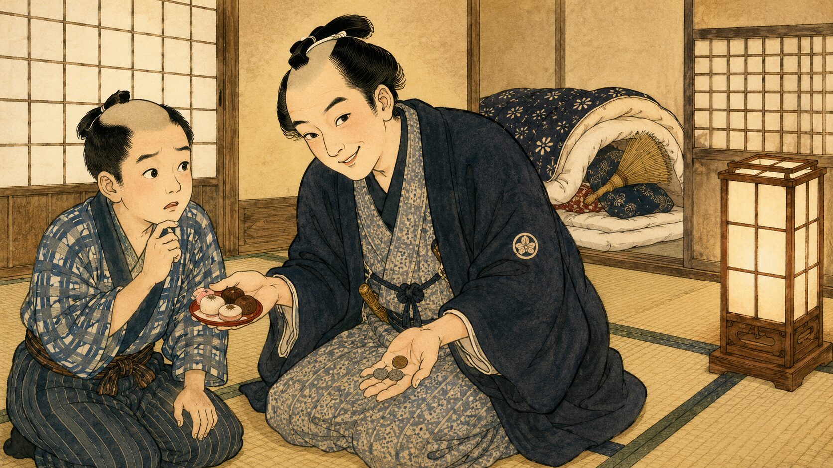 若旦那作次郎が丁稚定吉を菓子と小遣いで丸め込む『土橋萬歳』前半の場面