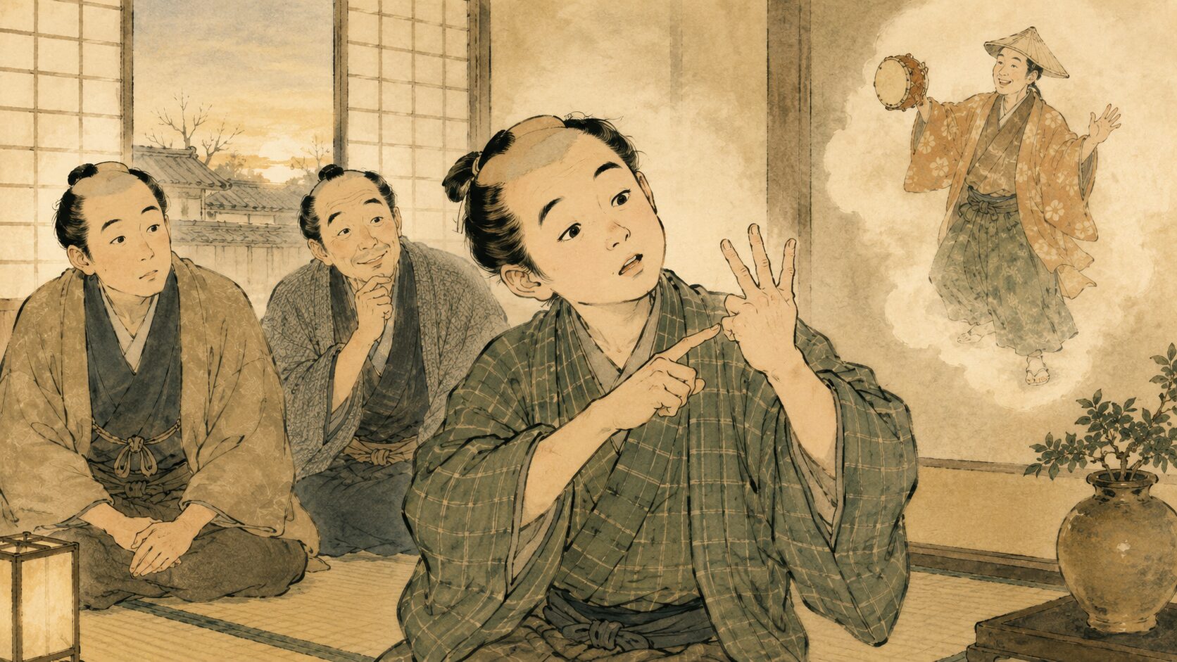 定吉の聞き違いで重い空気がほどける『土橋萬歳』のサゲを表した和風イラスト