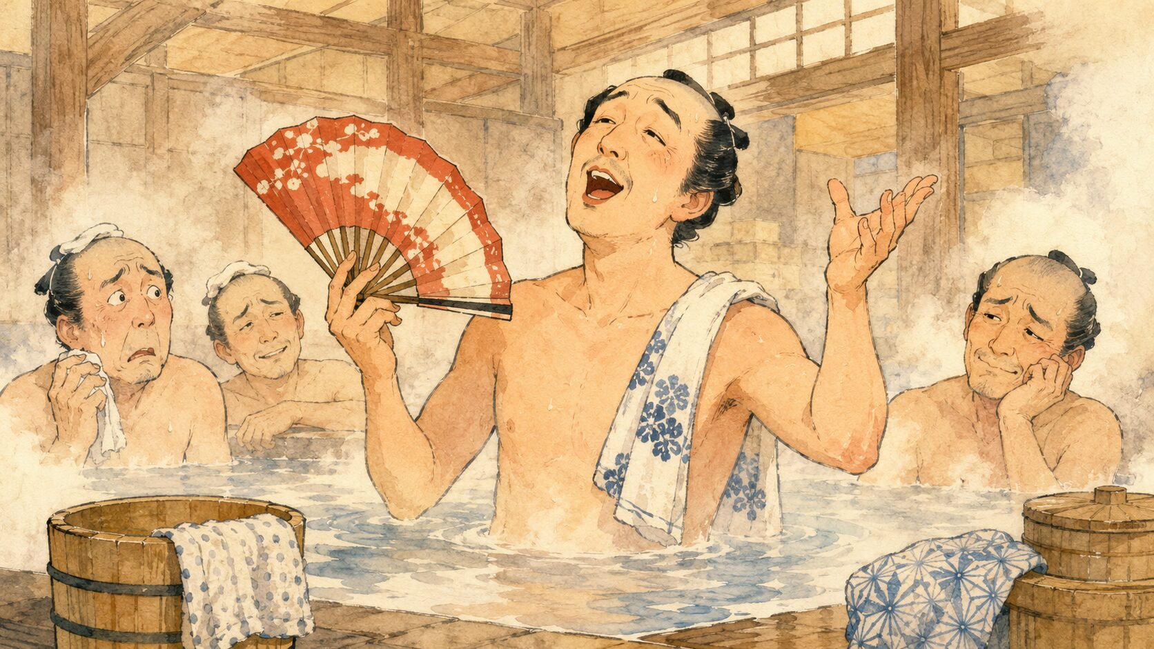 湯屋で義太夫節を語り続ける豊竹屋節右衛門と驚く客たちの和風イラスト