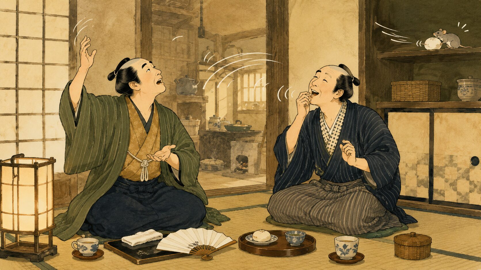 棚の鼠まで掛け合いに加わる『豊竹屋』のサゲを表した和風イラスト