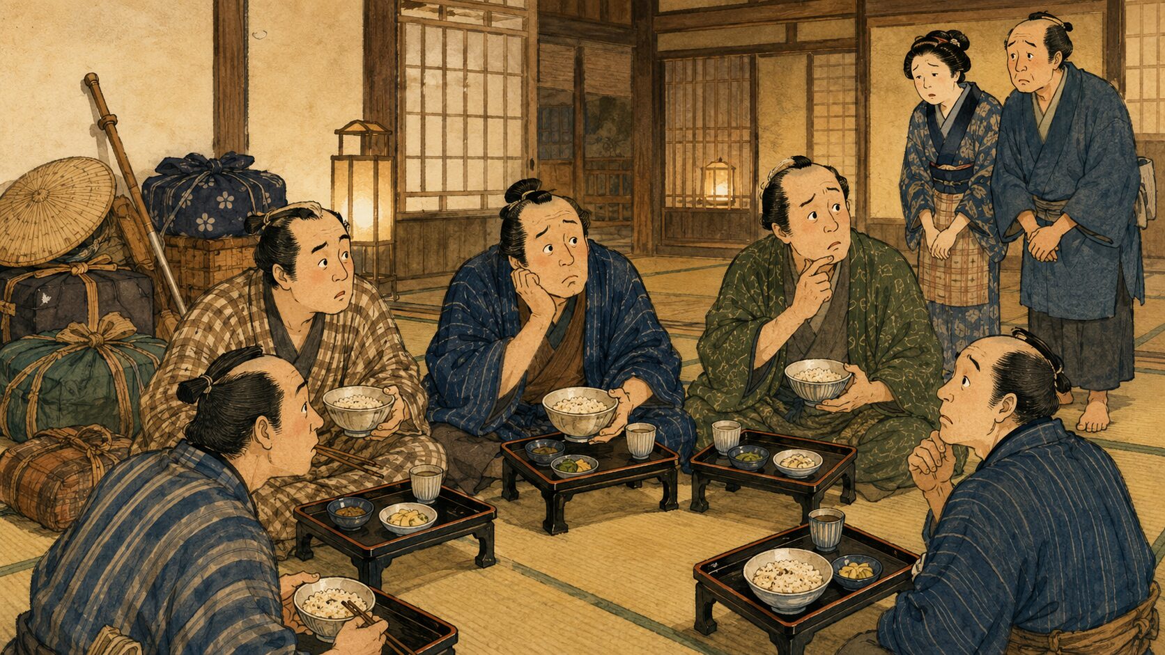鞠子宿で麦飯を前にとろろ汁を期待する旅人たちを描いた『とろろん』前半の場面